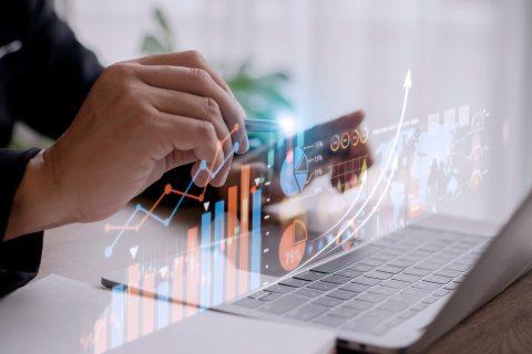 Data Analysis for Business and Finance Concept. Graphic interface showing future computer technology of profit analytic, online marketing research and information report for digital business strategy.